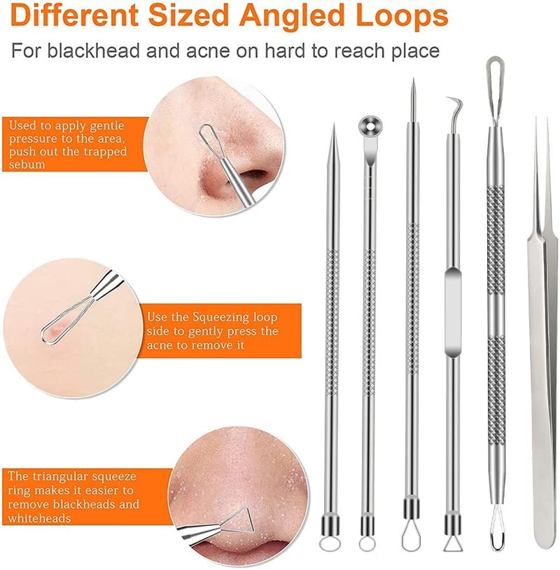BLAAROOM Pimple Popper Tool Kit, 6 Pcs Blackhead Remover Acne Needle Tools Set Removing Treatment Comedone Whitehead Popping Zit for Nose Face Skin Blemish Extractor Tool - Silver - Image 3